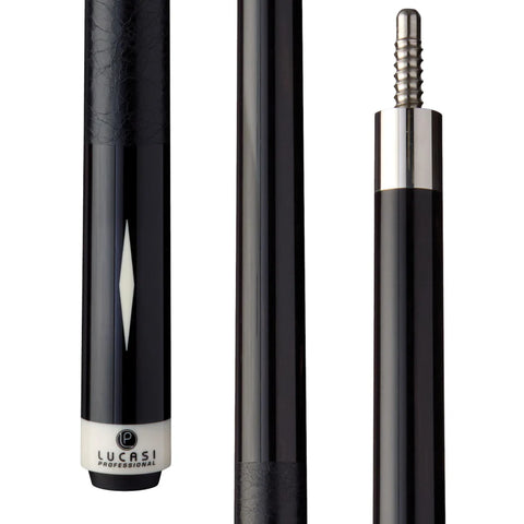 Three views of a Lucasi Pro Series Ebony Cue Butt with silver and white accents.