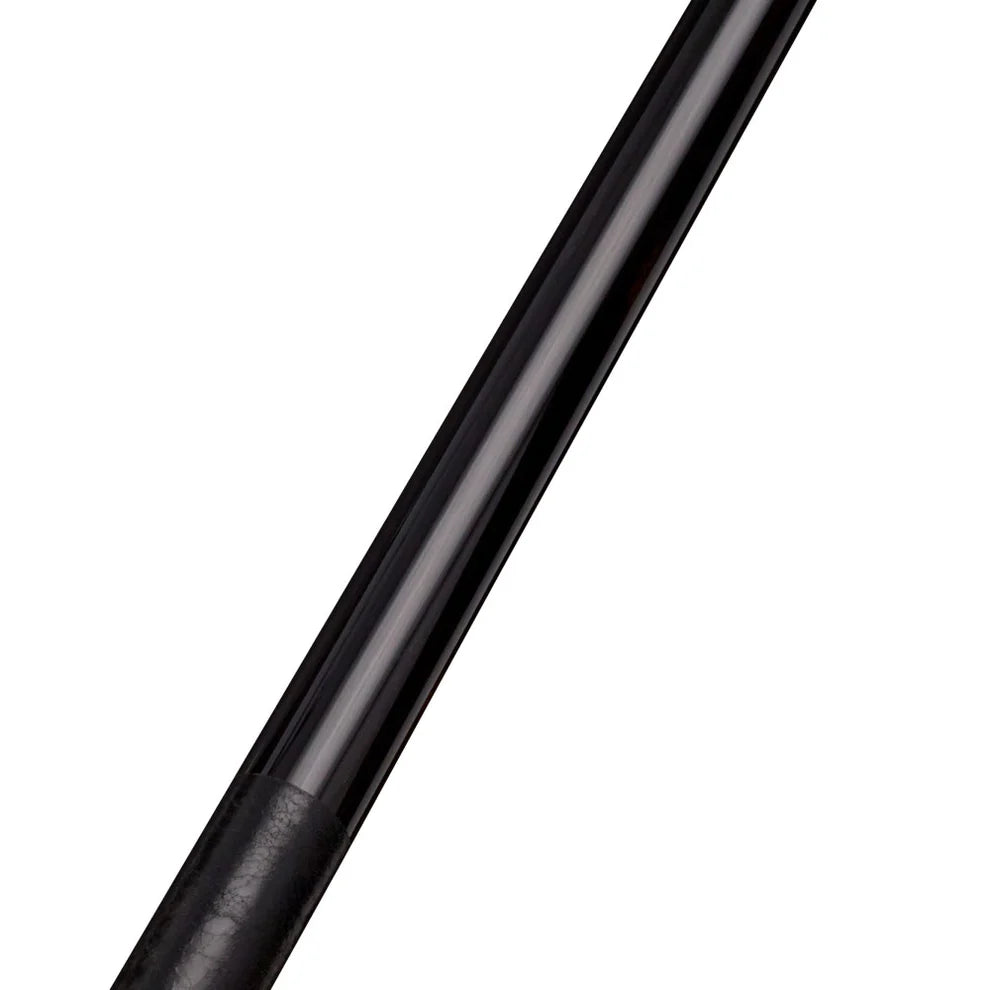 Close-up of Lucasi Pro Series Ebony Cue Butt with leather grip on a white background.