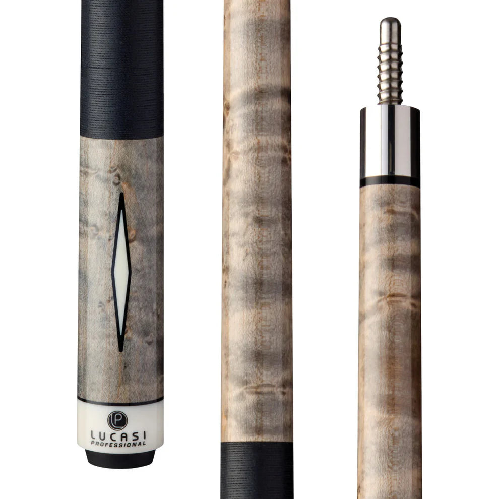 Close-up of Lucasi Pro Series with Grey Wash Birdseye Maple Cue Butt.
