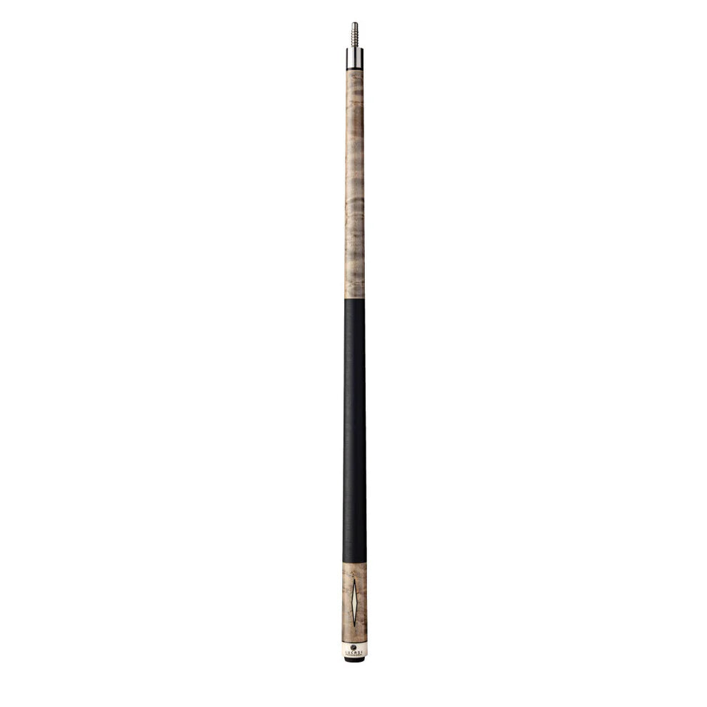 Lucasi Pro Series cue with grey wash Birdseye Maple butt and black grip, shown vertically.