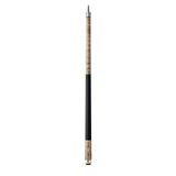 Lucasi Pro Series cue with grey wash Birdseye Maple butt and black grip, shown vertically.