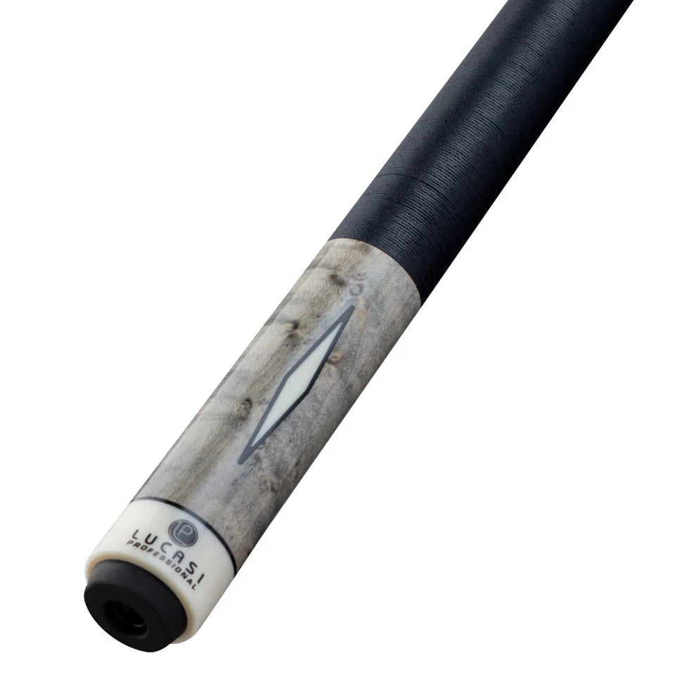 Close-up of Lucasi Pro Series Grey Wash Birdseye Maple cue butt with black grip branding.