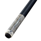 Close-up of Lucasi Pro Series Grey Wash Birdseye Maple cue butt with black grip branding.