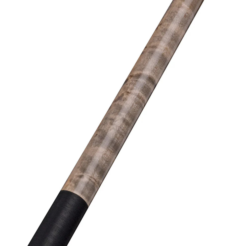Close-up of a Lucasi Pro Series Grey Wash Birdseye Maple Cue Butt with dark grip.