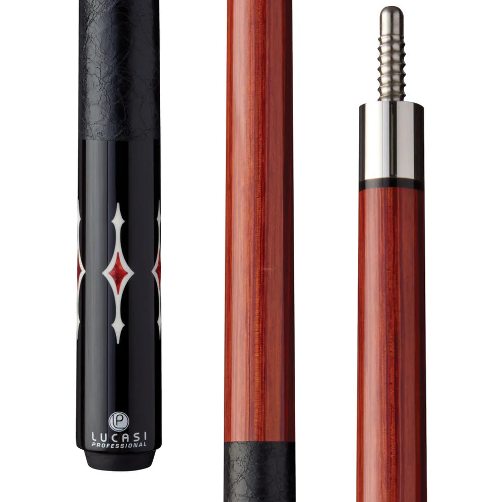 Three views of the Lucasi Pro Series Rengas Cue Butt in red wood by Lucasi.