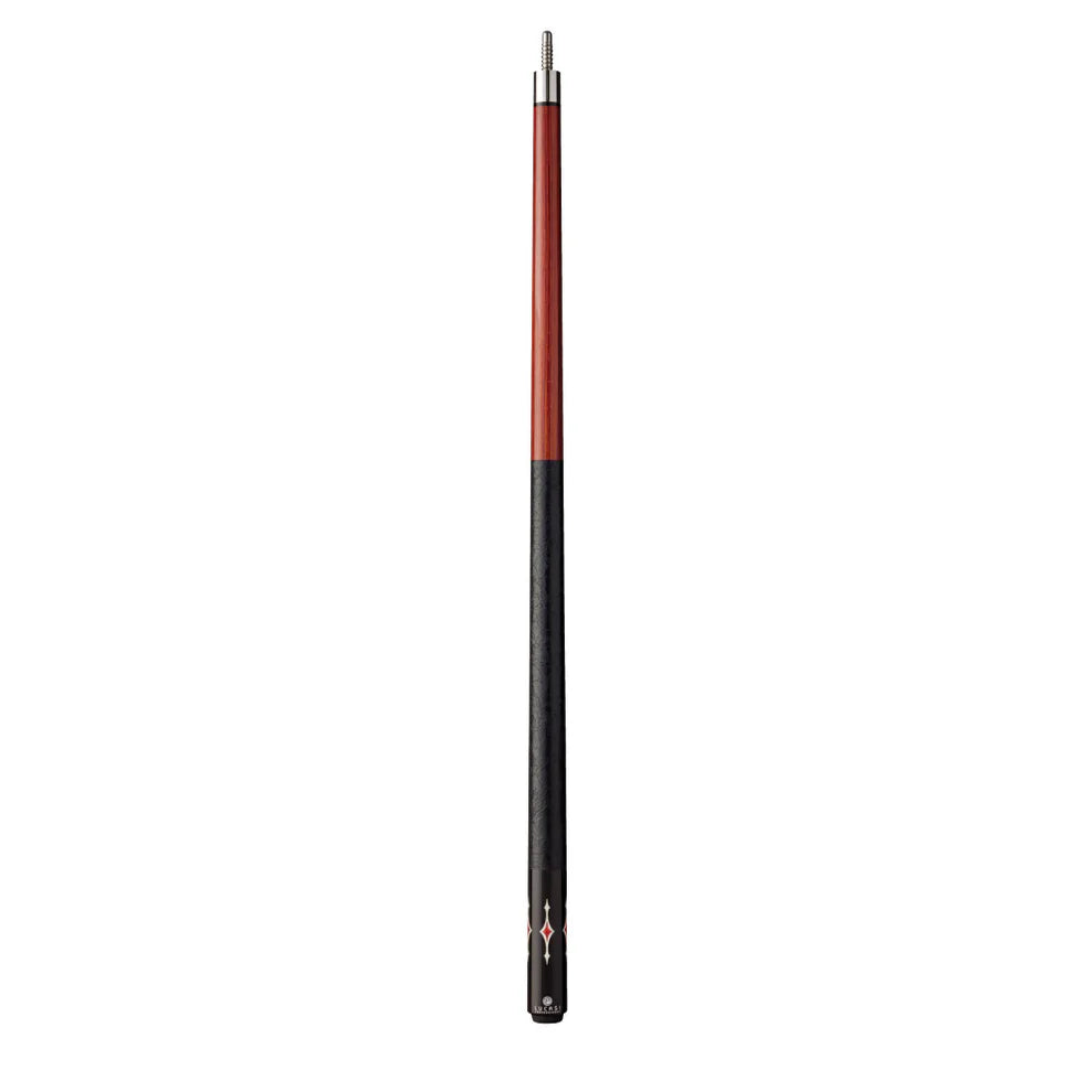 Lucasi Pro Series pool cue with wooden top, black Rengas butt, on a white background.
