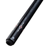 Close-up of a Lucasi Pro Series - Rengas Cue Butt with a red and white diamond design.