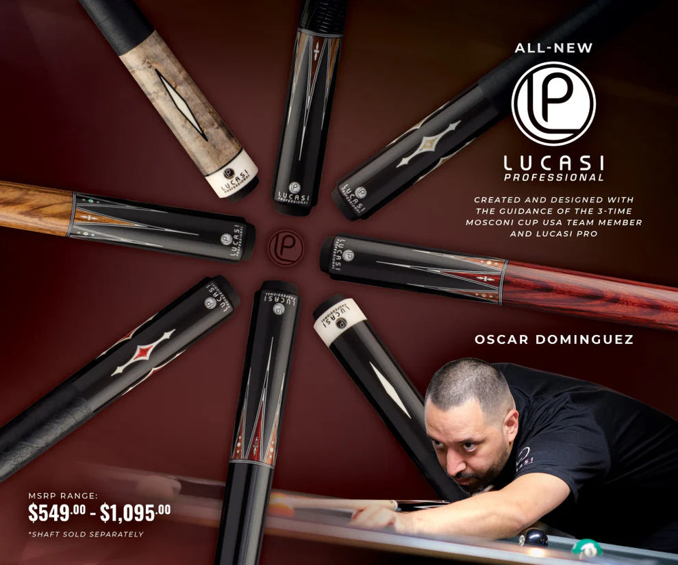 Six Lucasi Pro Series - Rengas Cue Butts in a circle, with a man aiming at the bottom right.