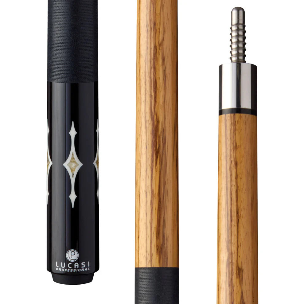 Lucasi Pro Series cue features a zebrawood cue butt and decorative inlays.