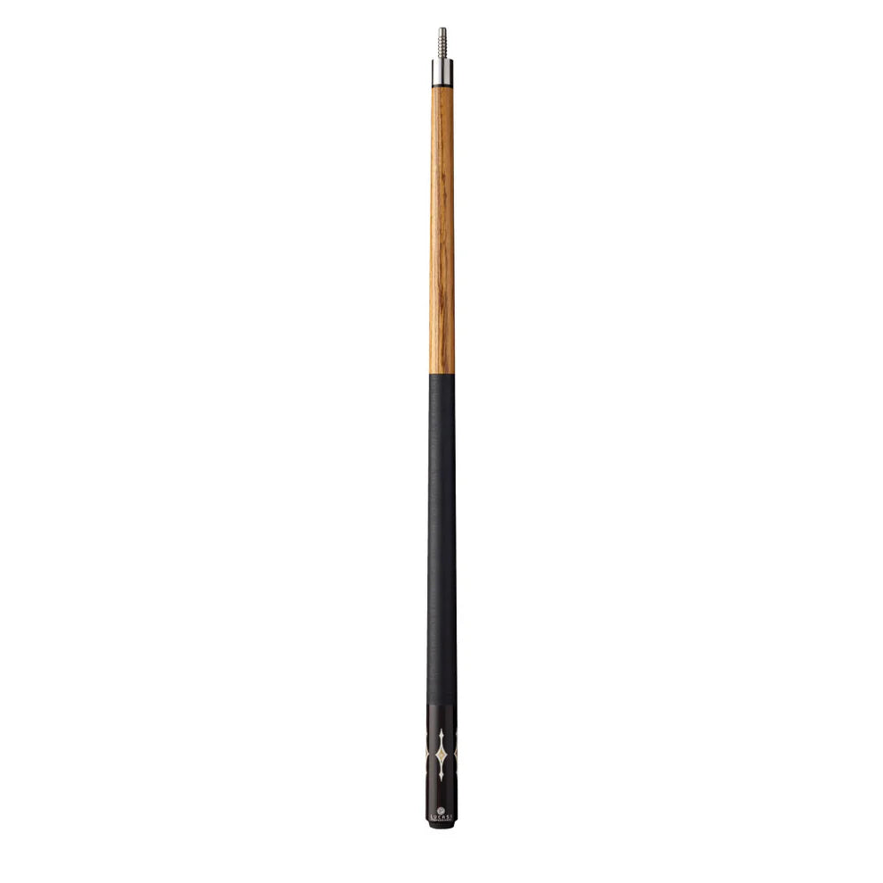 The Lucasi Pro Series cue features a Zebrawood Cue Butt and black grip, shown vertically.