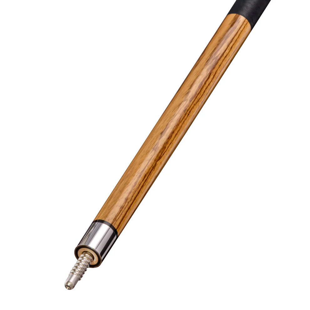Close-up of Lucasi Pro Series Zebrawood Cue Butt with metal joint and threaded pin exposed.