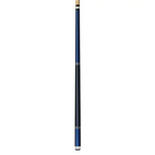Pool cue with blue and black design on a white background