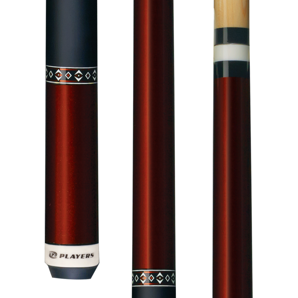 Pool cue with different designs on a white background