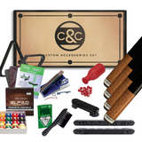 Collection of pool table accessories with C&C Custom Accessories branding.