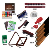 Collection of pool table maintenance tools and accessories on a white background