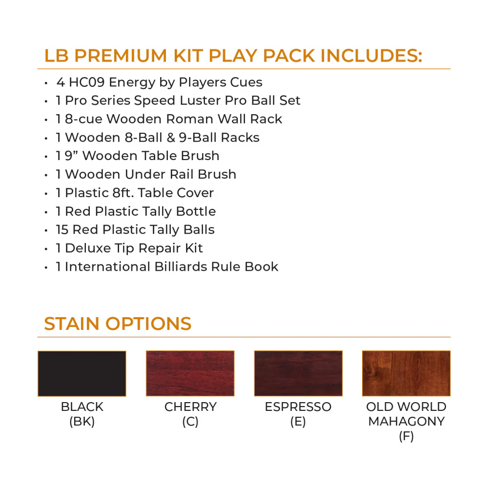 Billiards kit play pack with components and stain color options on a white background