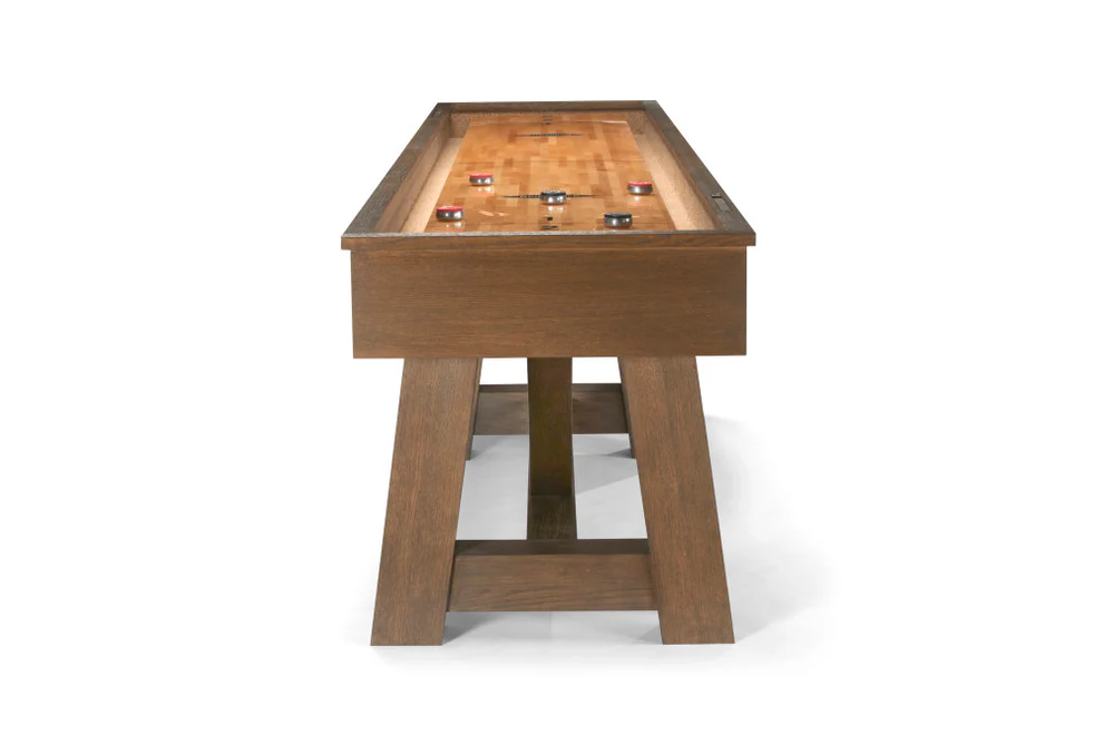 Brunswick Billiards Botanic 12' Shuffleboard Table in Rustic Dark Brown, shown with pucks.