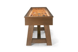 Brunswick Billiards Botanic 12' Shuffleboard Table in Rustic Dark Brown, shown with pucks.