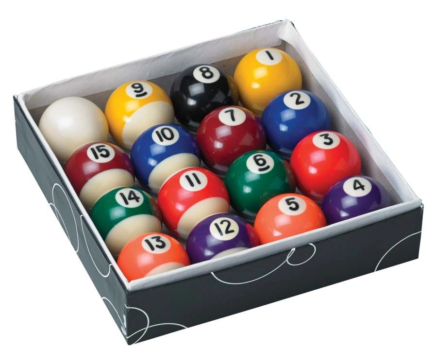 Set of billiard balls in a box with numbers on each ball