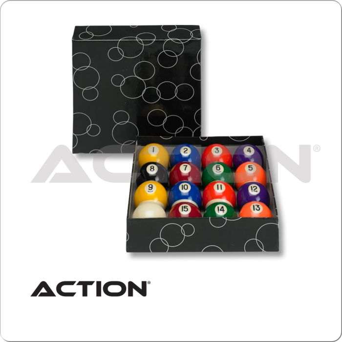 Set of pool balls in a black box with 'Action' branding on a white background
