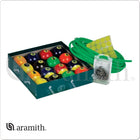 Aramith BBNEO Glow Ball Set with green chalk, screws, and yellow sticker sheet.
