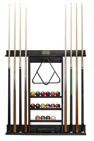 Wall-mounted pool cue rack with pool balls and triangle on a white background