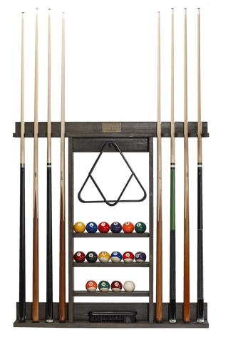Pool cue rack with pool cues and balls on a white background