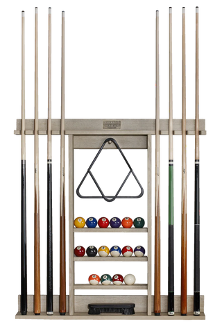 Pool cue rack with pool balls and triangle on a white background