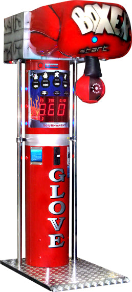 Kalkomat Boxer Glove Boxing Game: coin-op, red, with punching bag and digital score display.
