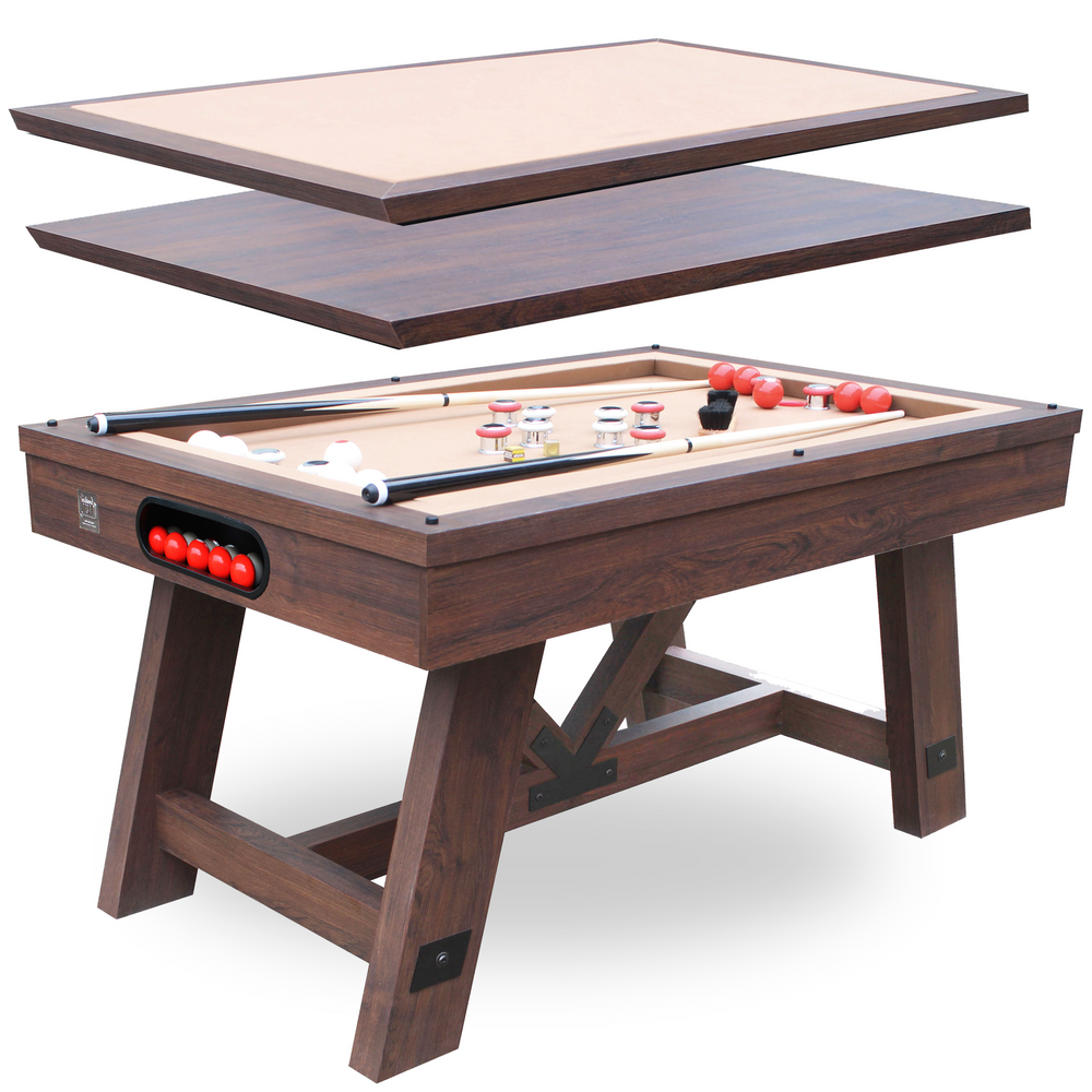 Wooden pool table with cues and balls on a white background
