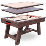 Wooden pool table with cues and balls on a white background