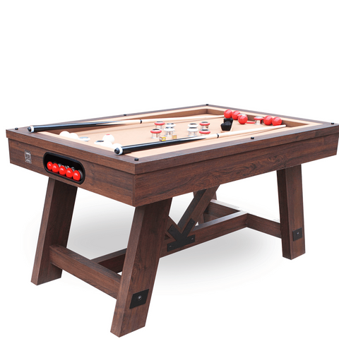 Wooden pool table with cues and balls on a white background