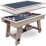 Multi-game table with pool, table tennis, and air hockey components on a white background