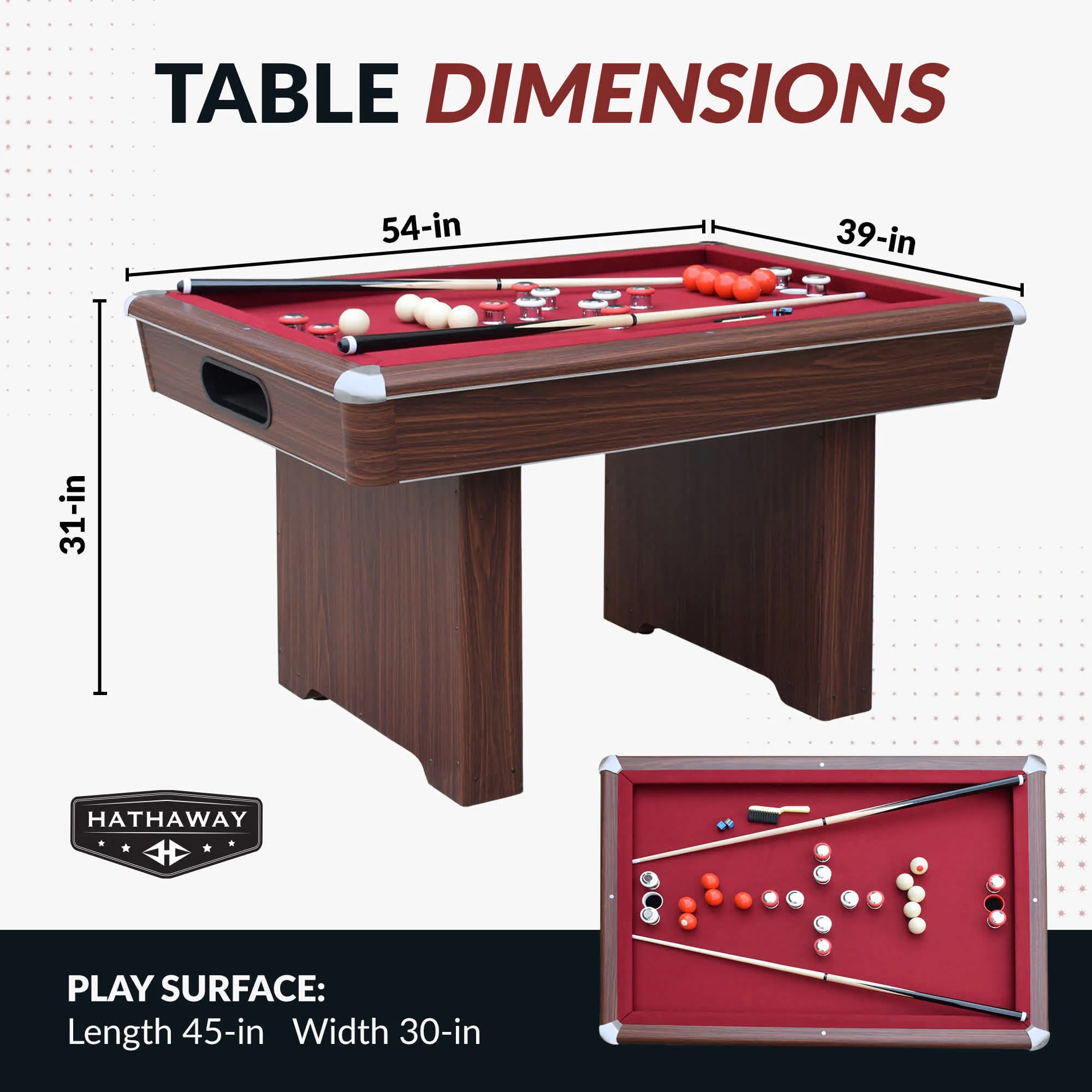 Hathaway pool table with dimensions labeled on a white background