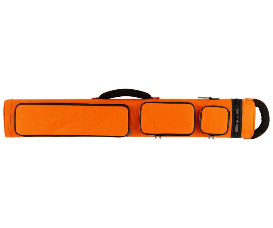 An orange sports equipment bag with multiple zippered pockets and black trim, shown against a plain white background.