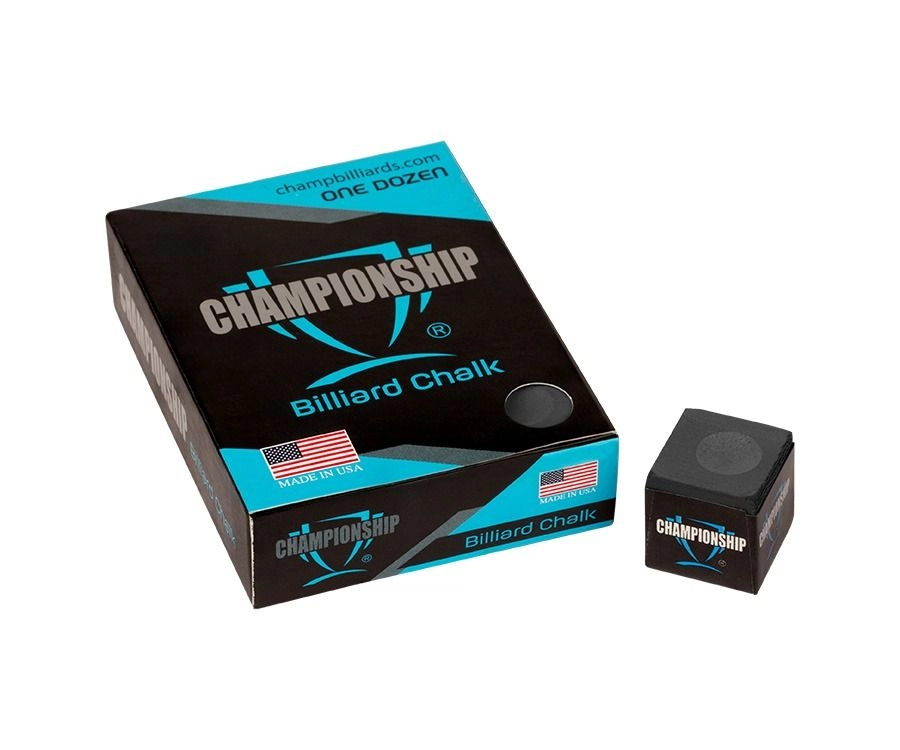 Box and cube of Championship Billiard Chalk on a white background