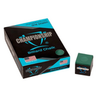 Box of Championship billiard chalk with a single piece of chalk on a white background