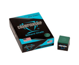 Box of Championship billiard chalk with a single piece of chalk on a white background