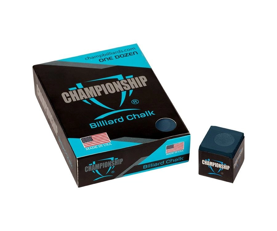 Box of Championship Billiard Chalk with a single piece of chalk on a white background