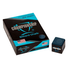Box of Championship Billiard Chalk with a single piece of chalk on a white background