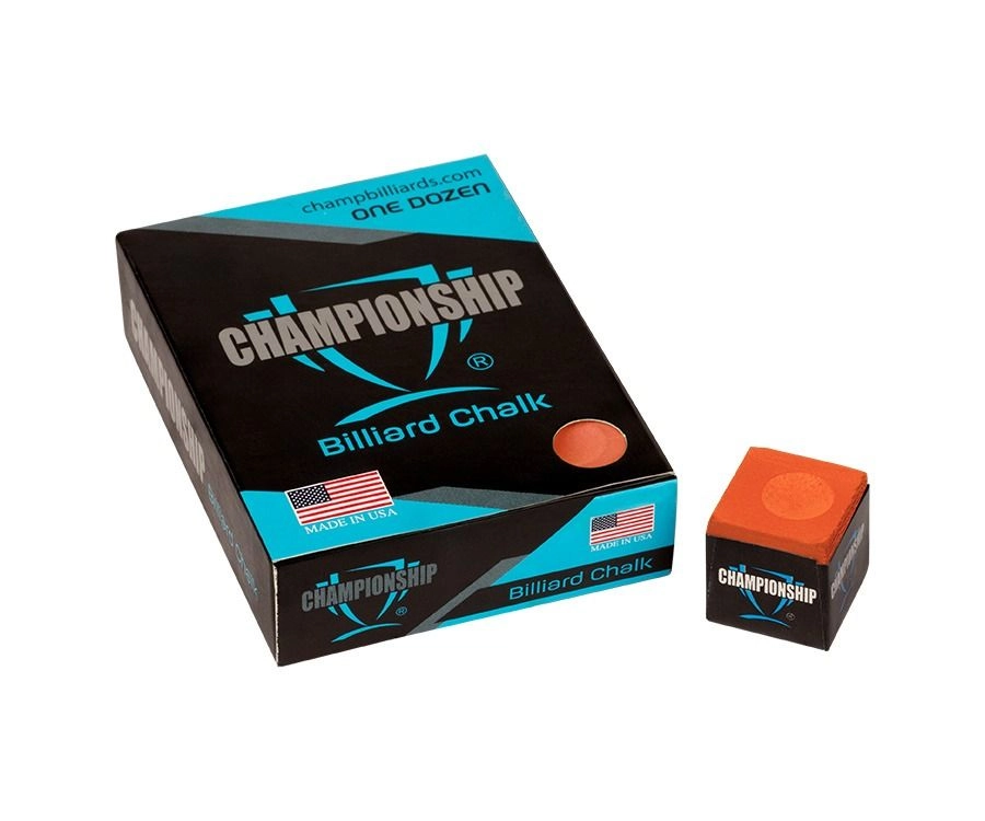 Box of Championship Billiard Chalk with a single stick of chalk on a white background
