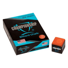 Box of Championship Billiard Chalk with a single stick of chalk on a white background