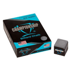 Box of Championship Billiard Chalk with a single piece of chalk on a white background