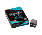 Box of Championship Billiard Chalk with a single piece of chalk on a white background