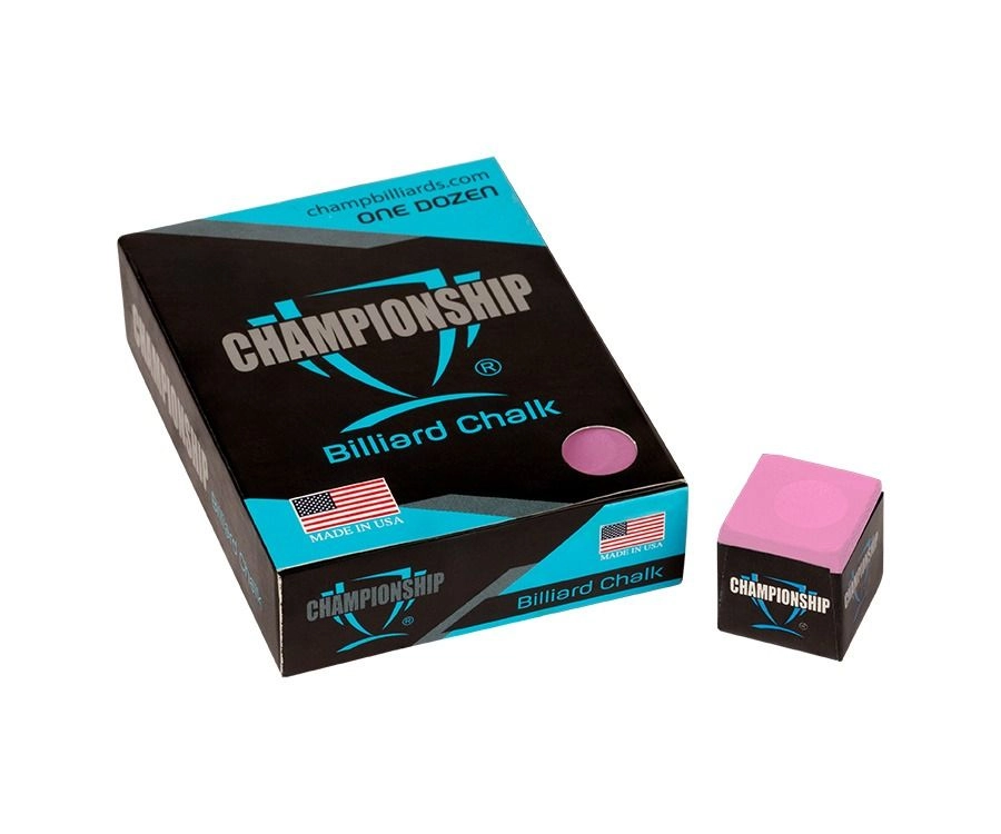 Box of Championship billiard chalk with a pink cube on a white background