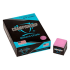 Box of Championship billiard chalk with a pink cube on a white background