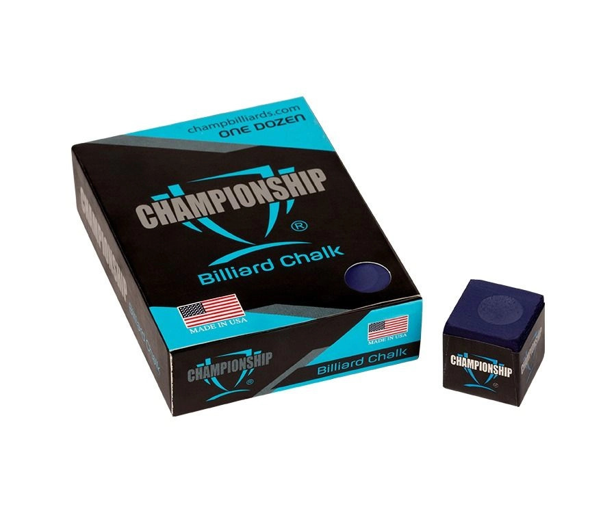 Box of Championship Billiard Chalk with a single cube on a white background