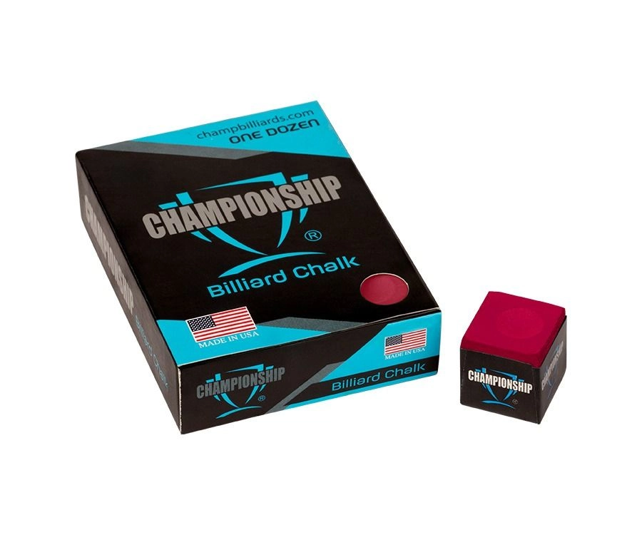Championship billiard chalk packaging with a single cube of chalk on a white background
