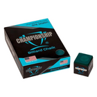 Box of Championship Billiard Chalk with a single piece of chalk on a white background