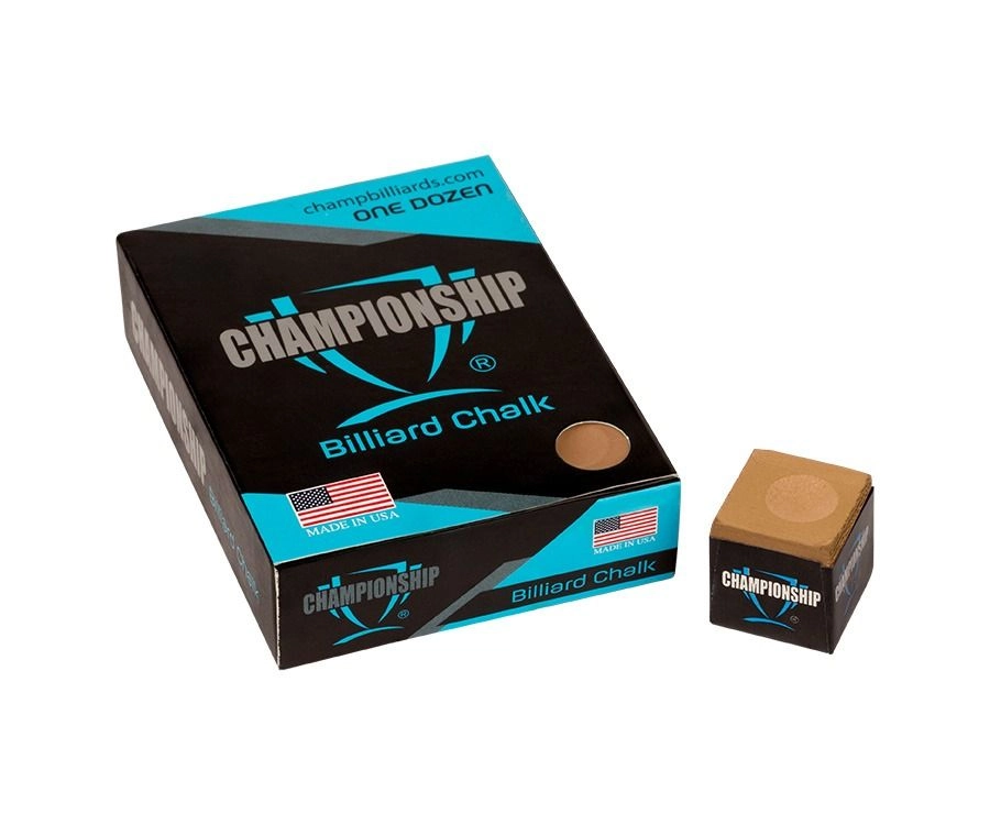 Box of Championship Billiard Chalk with a single piece of chalk on a white background